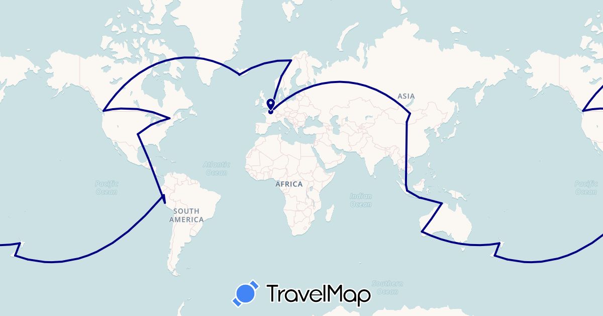 TravelMap itinerary: driving in Australia, Canada, France, Indonesia, Iceland, Mongolia, Norway, New Zealand, Peru, Singapore, United States (Asia, Europe, North America, Oceania, South America)